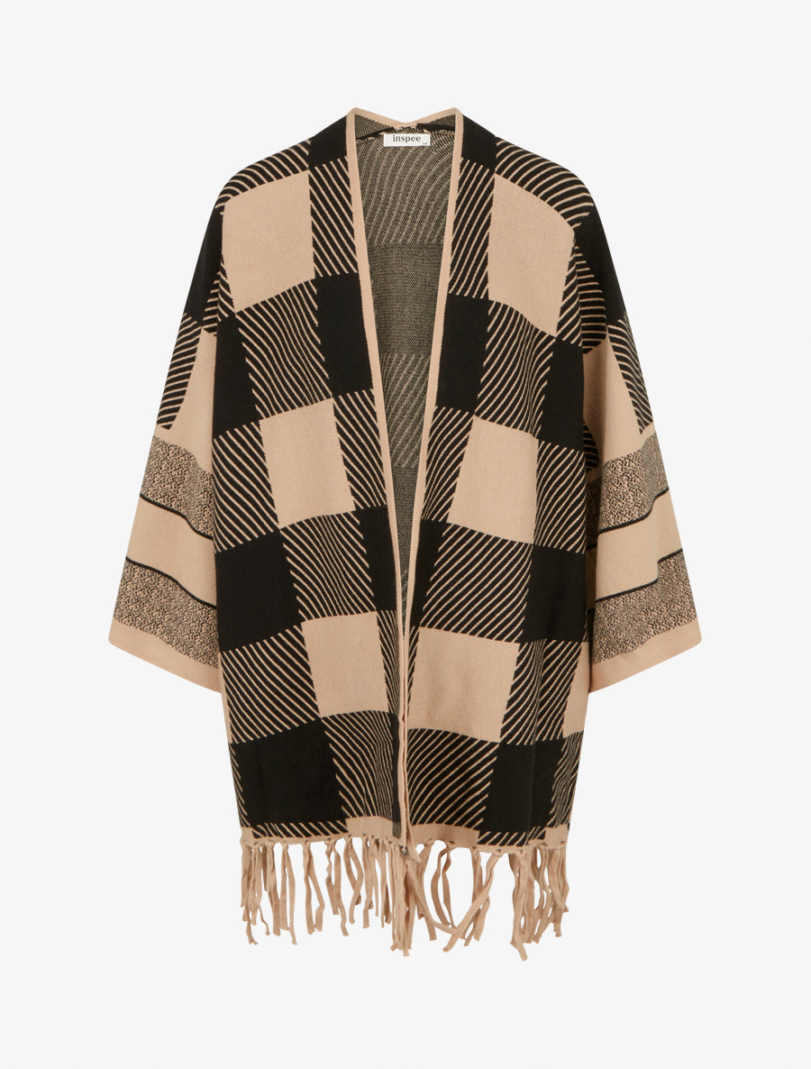 Poncho à imprimé graphique et franges - Beige - 1