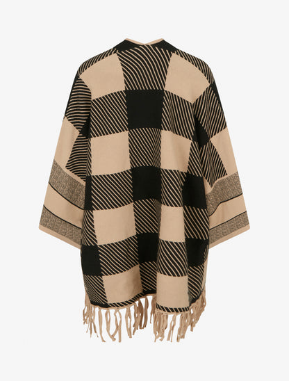 Poncho à imprimé graphique et franges - Beige - 2