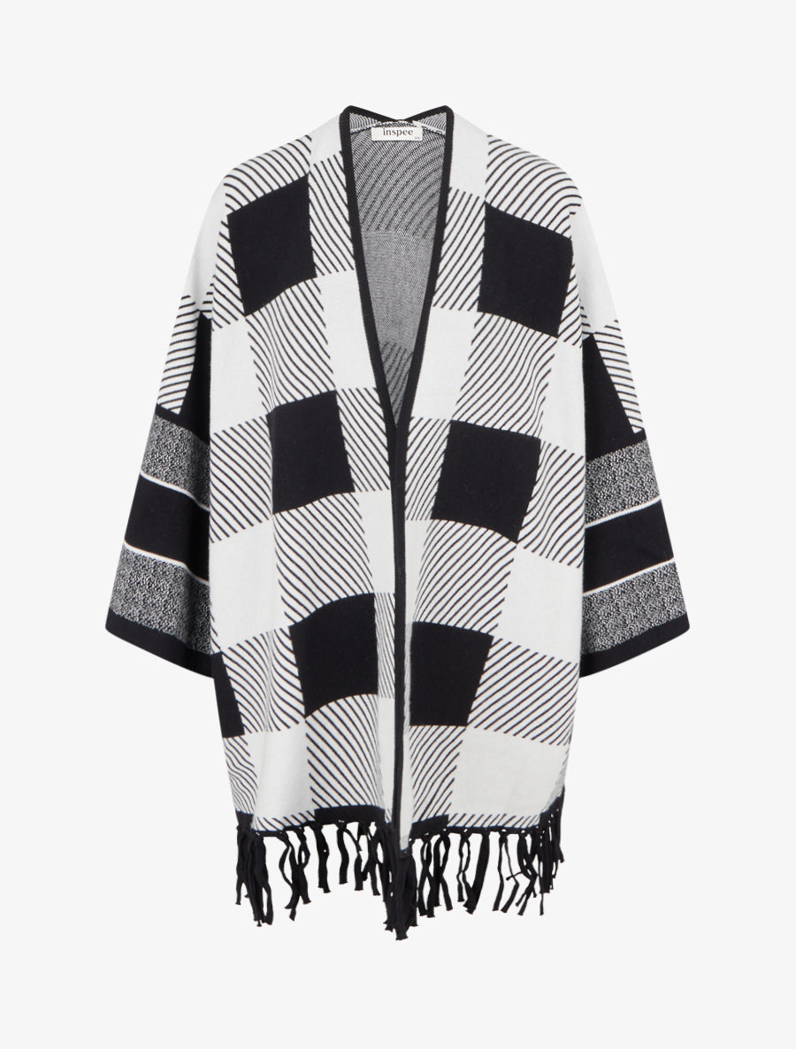 Poncho à imprimé graphique et franges - Blanc - 1
