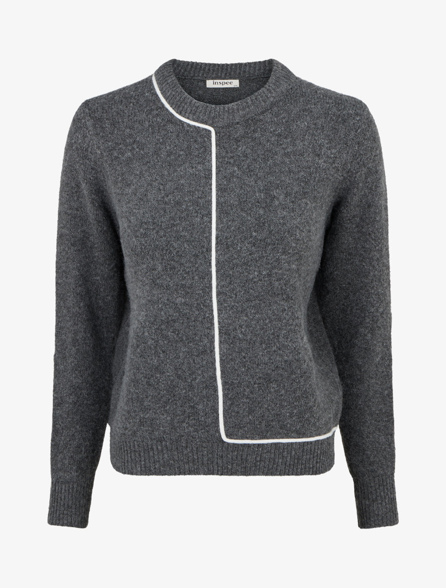 Pull laine mélangée col rond et liseré contrastant - Gris - 1