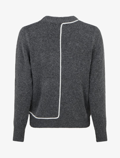 Pull laine mélangée col rond et liseré contrastant - Gris - 2