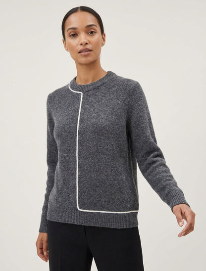 Pull laine mélangée col rond et liseré contrastant - Gris