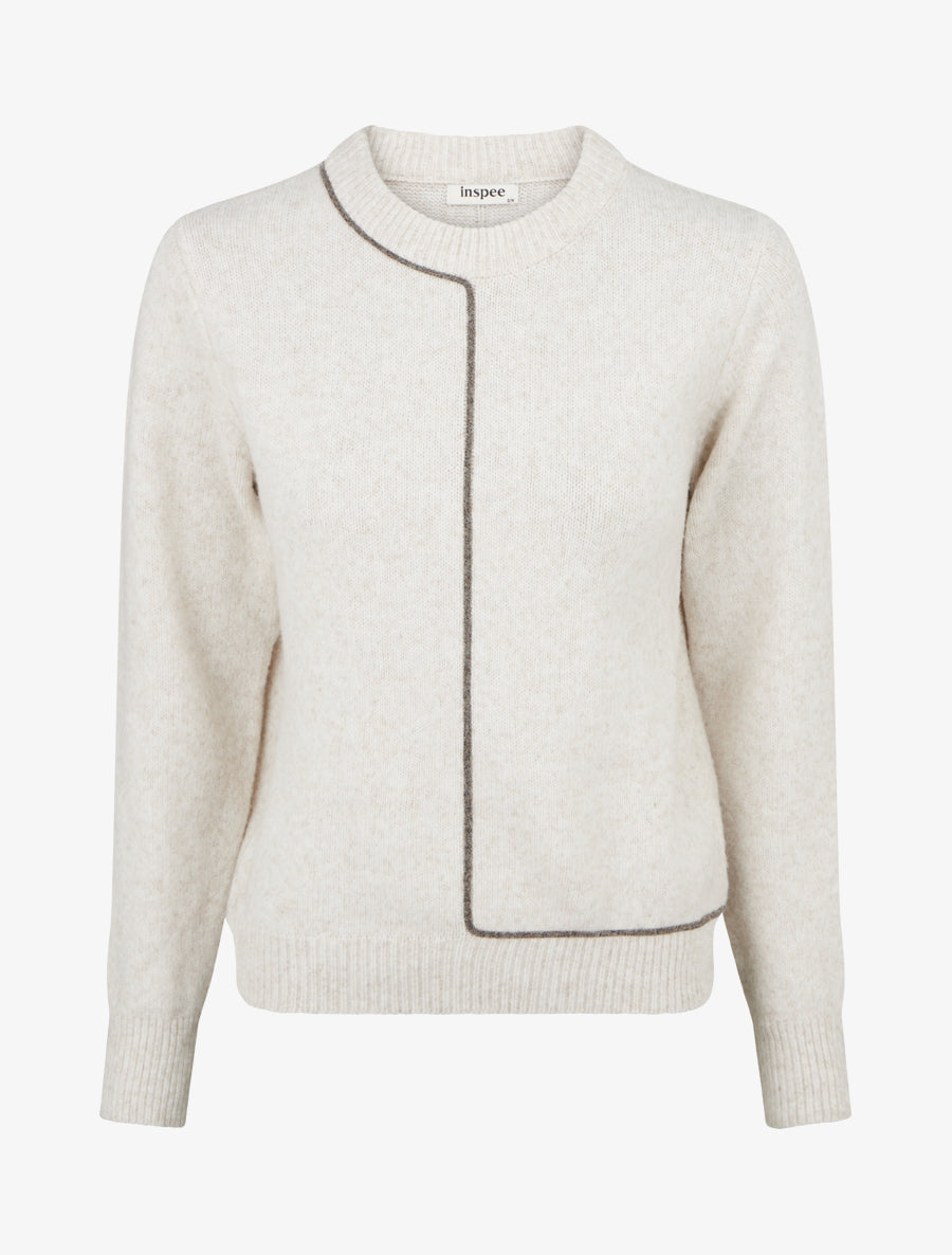 Pull laine mélangée col rond et liseré contrastant - Beige - 1