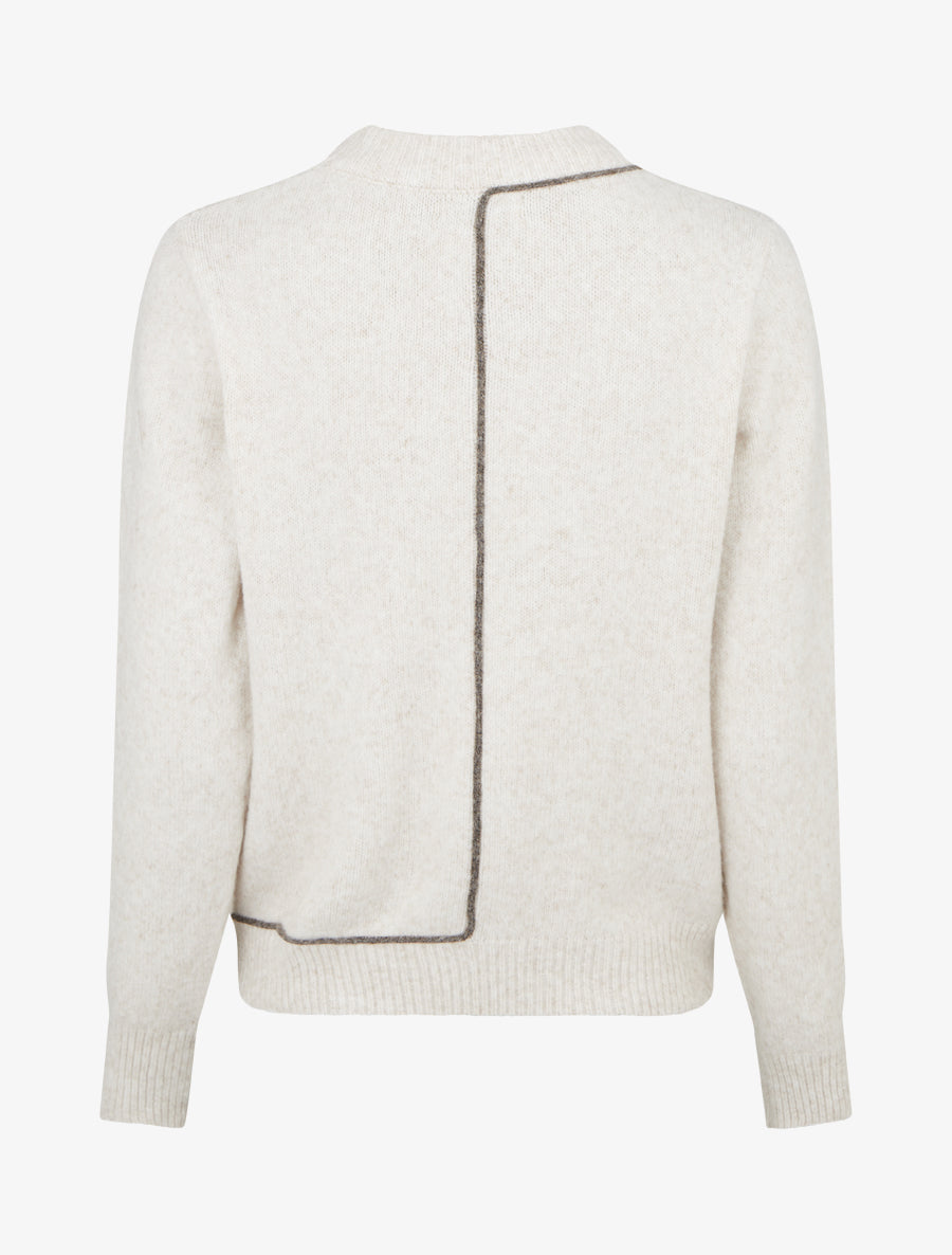 Pull laine mélangée col rond et liseré contrastant - Beige - 2
