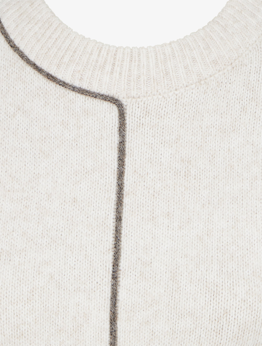 Pull laine mélangée col rond et liseré contrastant - Beige - 3