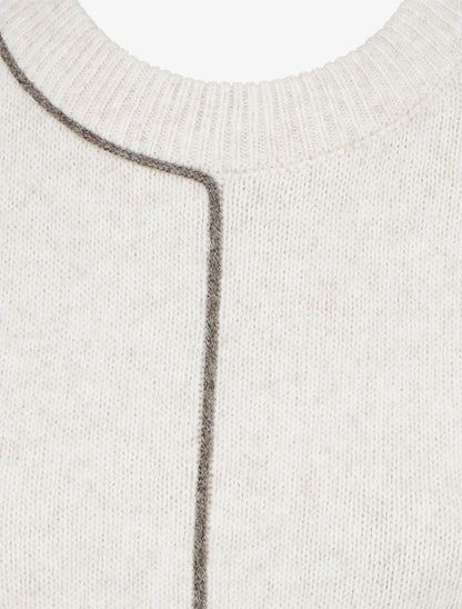 Pull laine mélangée col rond et liseré contrastant - Beige - 3