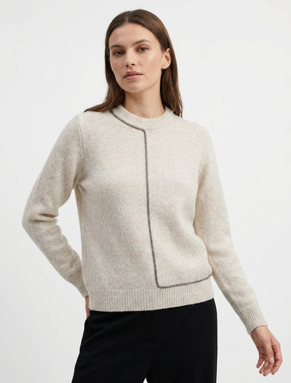 Pull laine mélangée col rond et liseré contrastant - Beige