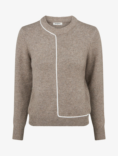 Pull laine mélangée col rond et liseré contrastant - Taupe - 1