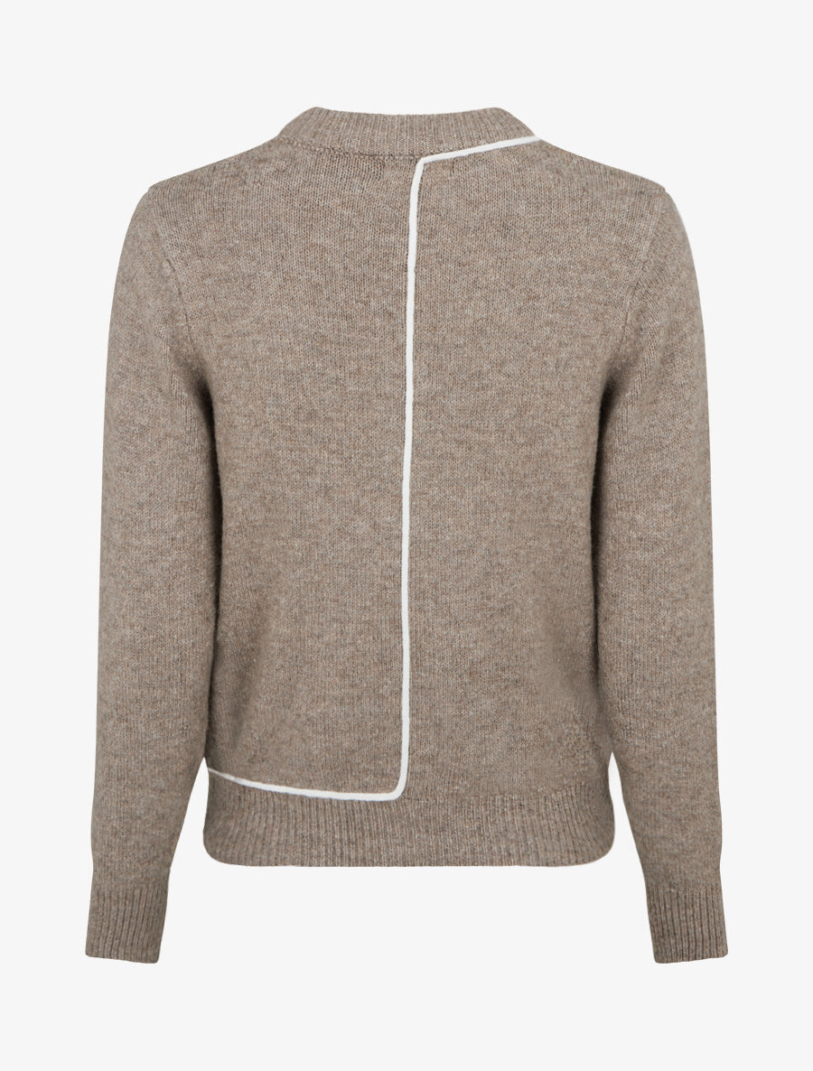 Pull laine mélangée col rond et liseré contrastant - Taupe - 2