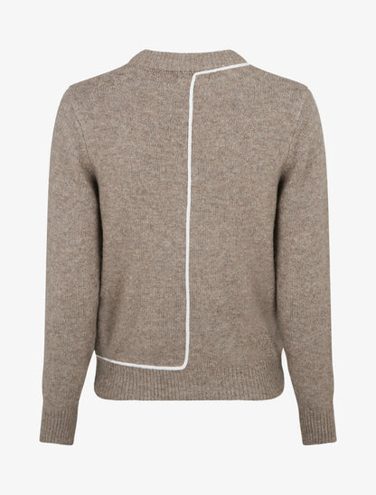Pull laine mélangée col rond et liseré contrastant - Taupe - 2