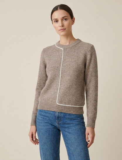 Pull laine mélangée col rond et liseré contrastant - Taupe