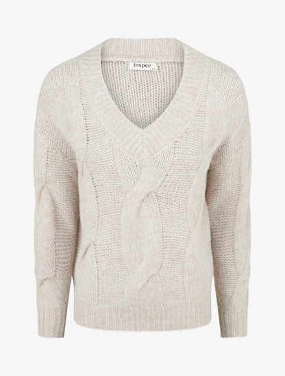 Pull laine mélangée à col V - Beige - 1