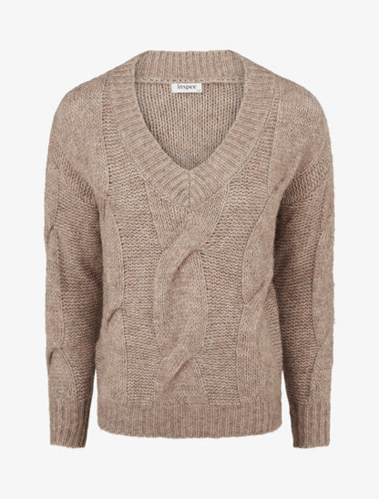 Pull laine mélangée à col V - Taupe - 1