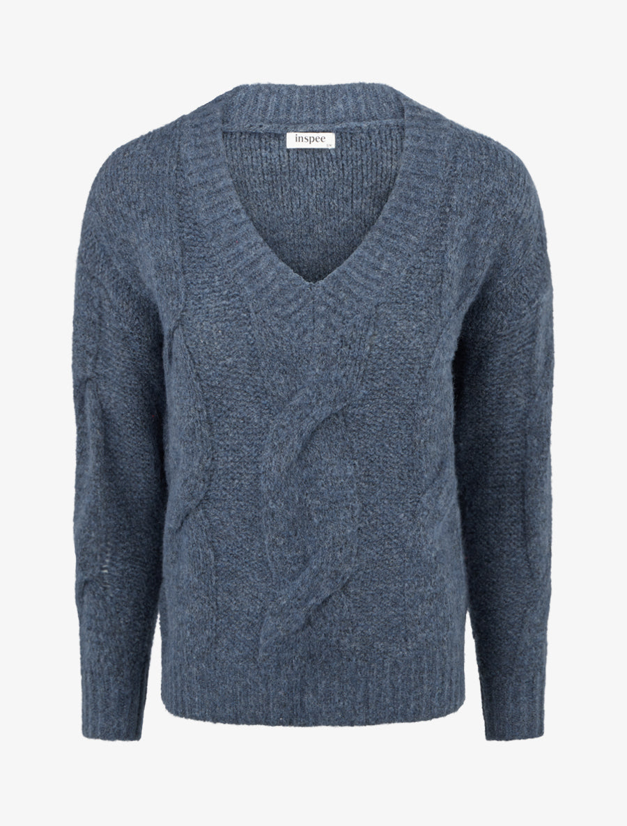 Pull laine mélangée à col V - Bleu - 1
