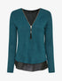 Pull à col V zippé en voile superposé - Bleu - 4