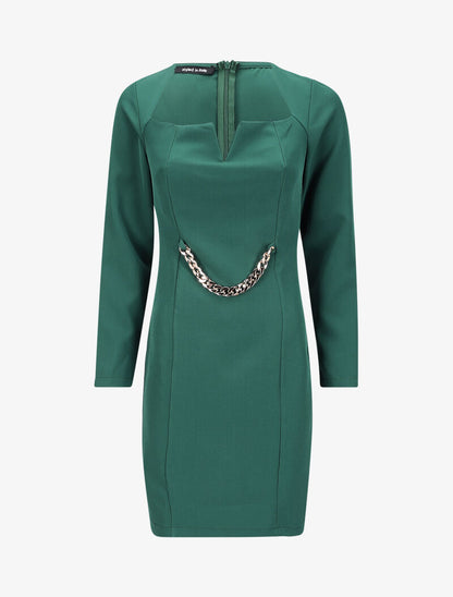 Robe ajustée à col fendu et détail chaîne - Vert émeraude - 4