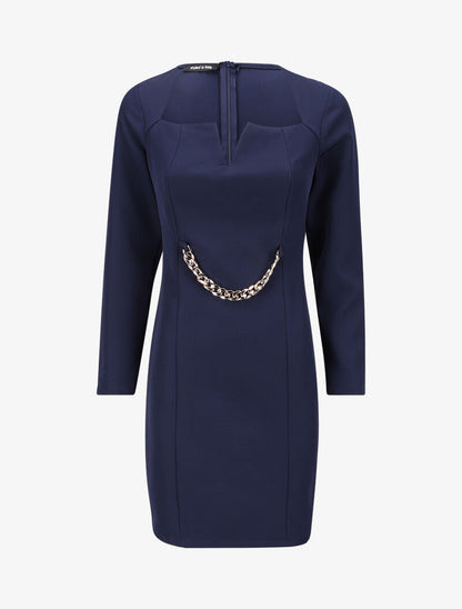 Robe ajustée à col fendu et détail chaîne - Marine - 1