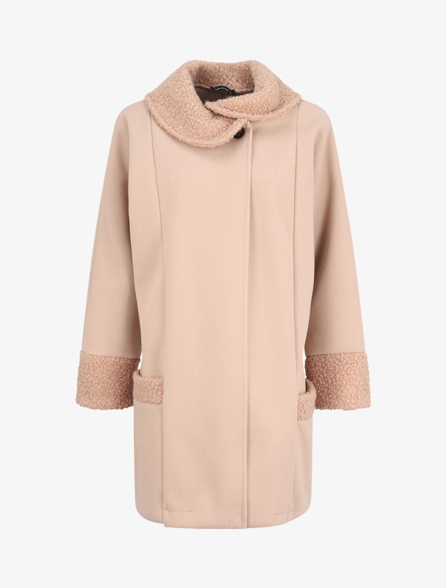 Manteau à col claudine effet laine bouclée - Beige - 4