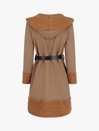 Manteau à capuche et détail laine bouclée - Camel - 2