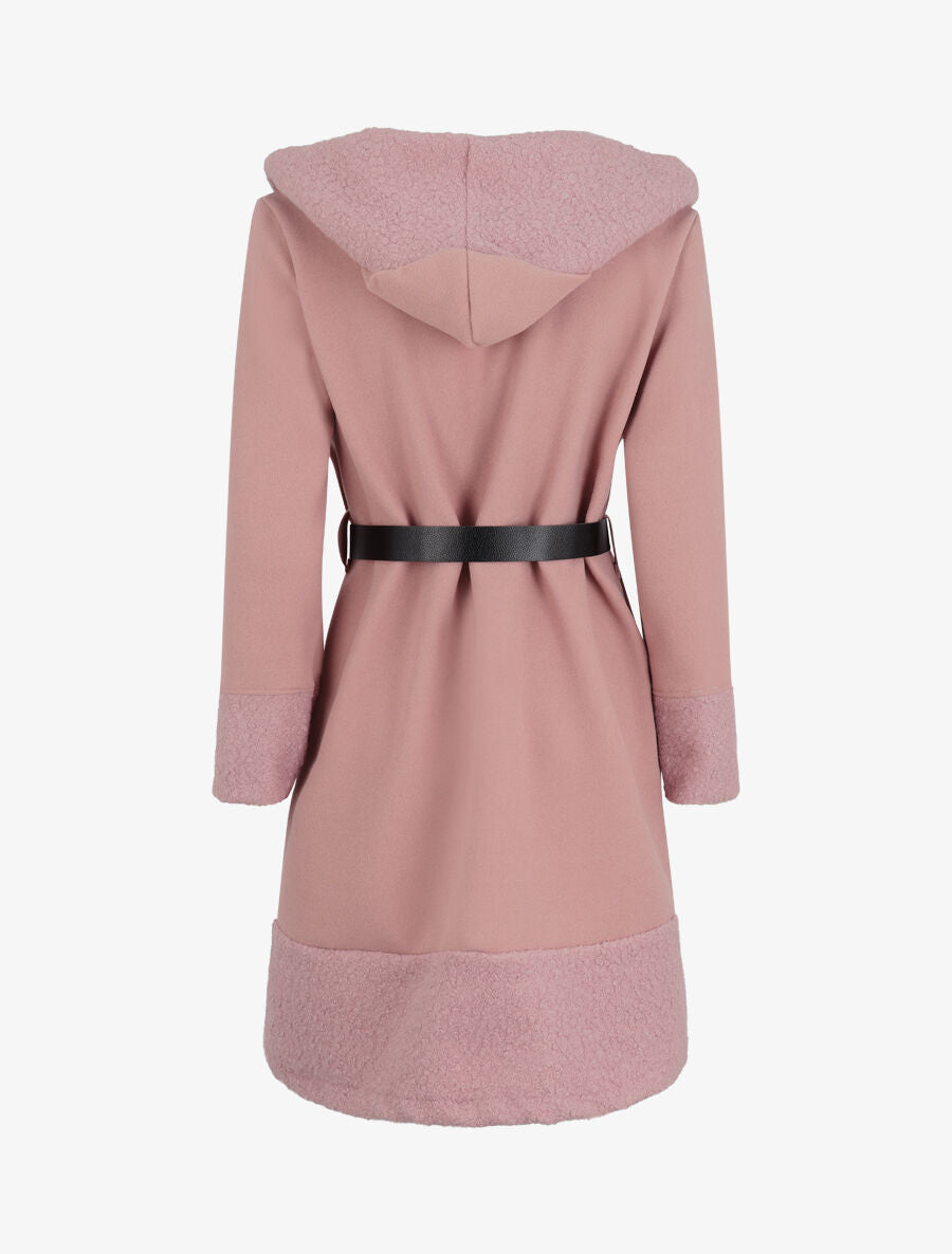 Manteau à capuche et détail laine bouclée - Rose poudré - 2