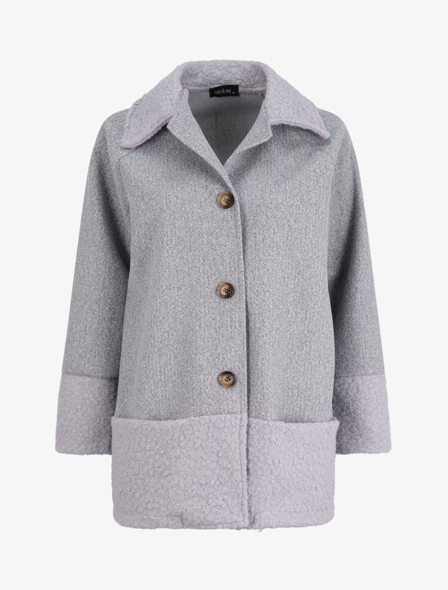 Manteau boutonné à détail laine bouclée - Gris clair - 5