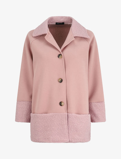 Manteau boutonné à détail laine bouclée - Rose poudré - 4