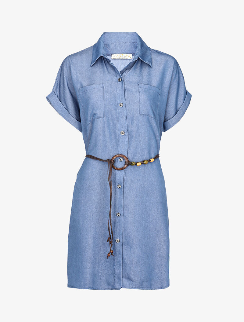 Robe chemise satinée droite - Bleu denim - 3