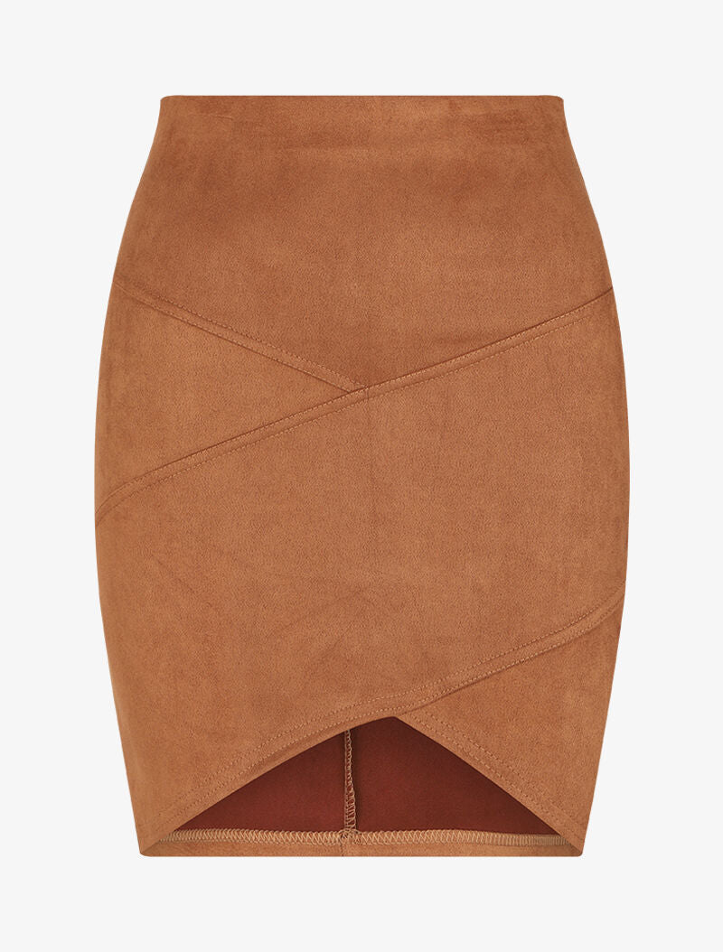 Jupe en suédine à bords asymétriques et coutures contrastantes - Camel - 4