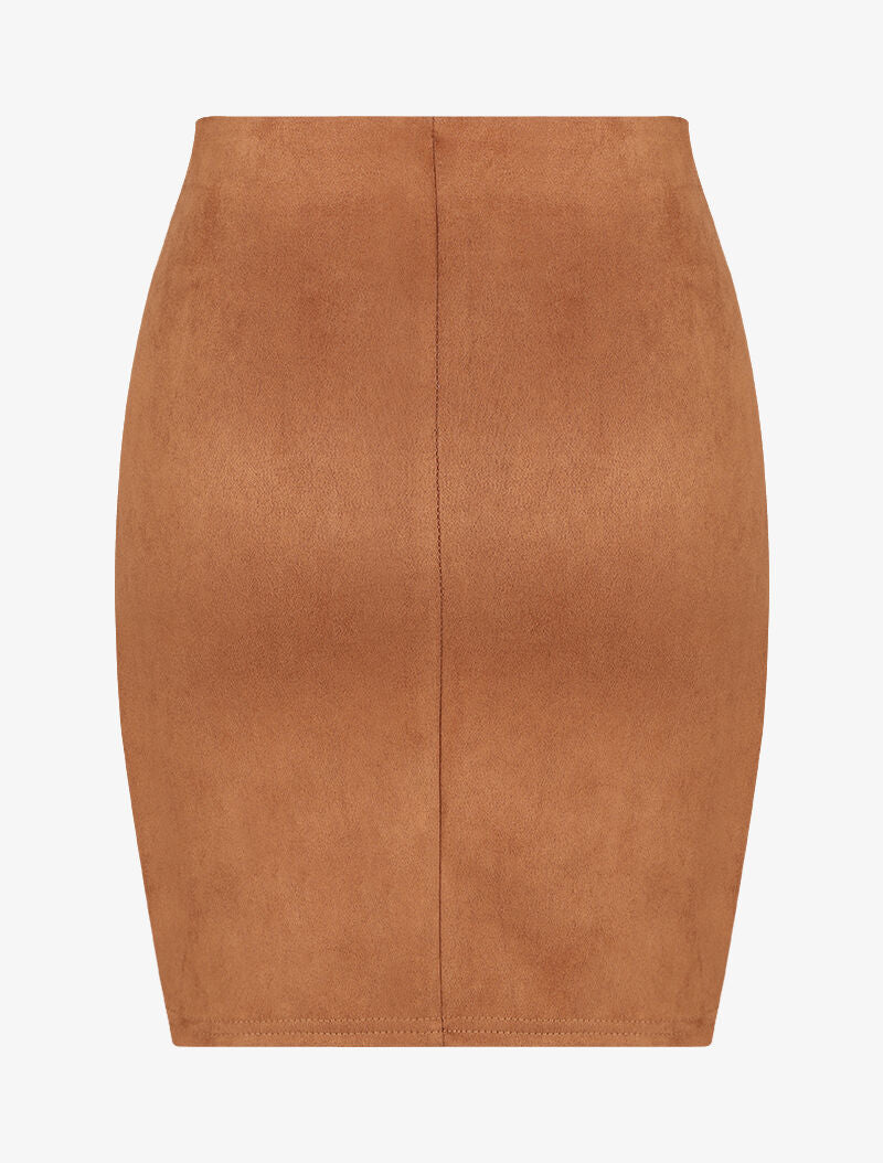 Jupe en suédine à bords asymétriques et coutures contrastantes - Camel - 2
