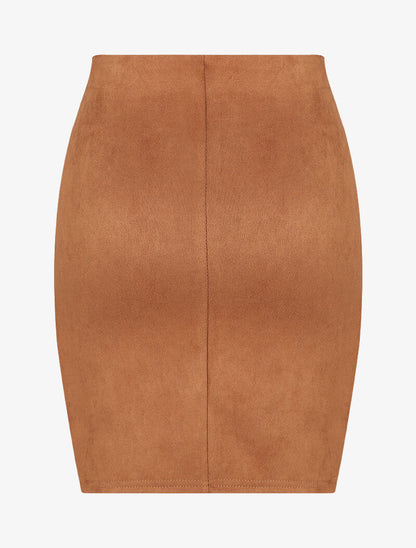 Jupe en suédine à bords asymétriques et coutures contrastantes - Camel - 2