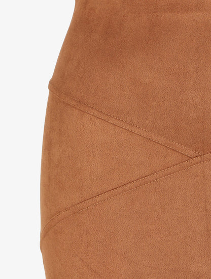 Jupe en suédine à bords asymétriques et coutures contrastantes - Camel - 3