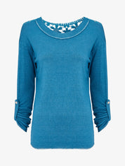 Pull à dos long en crochet - Bleu charrette - 4