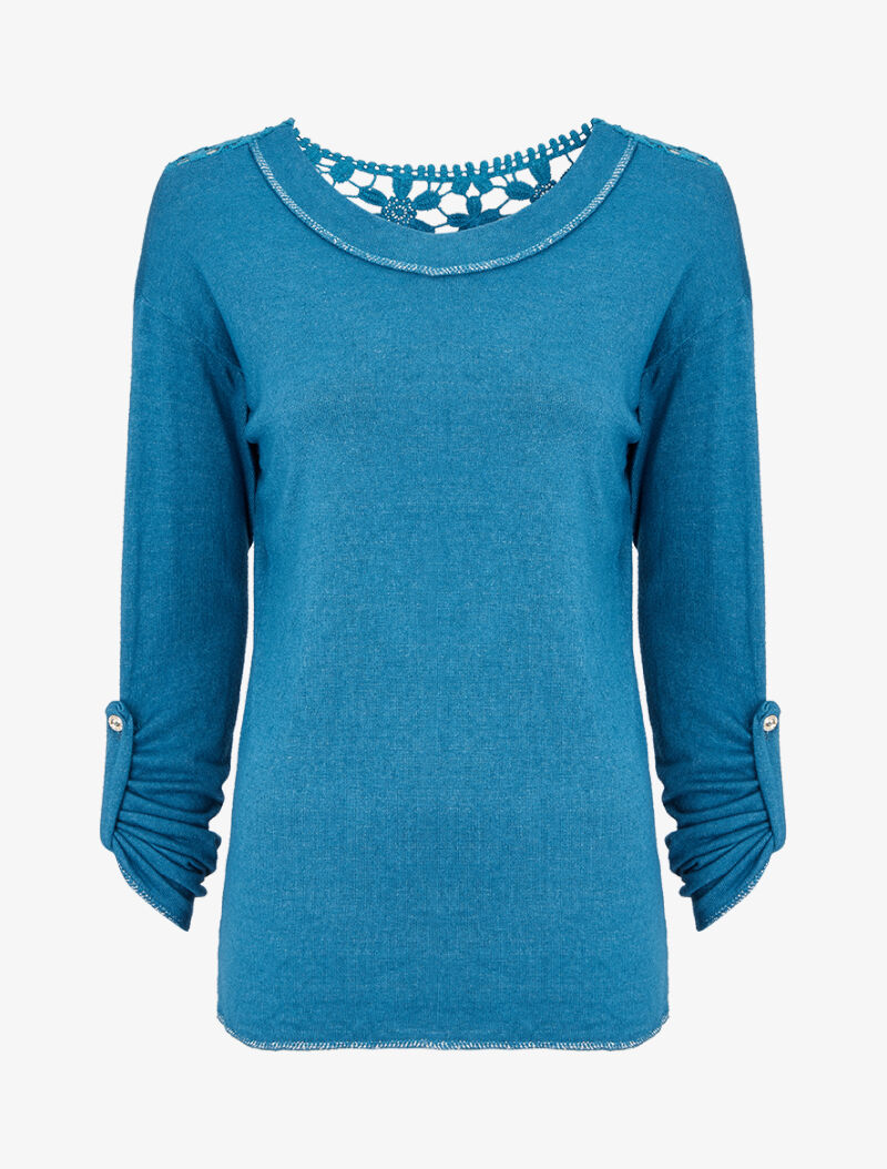 Pull à dos long en crochet - Bleu charrette - 4