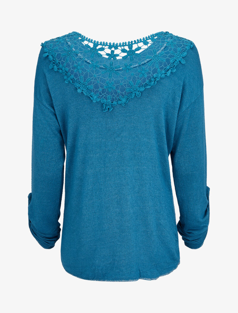 Pull à dos long en crochet - Bleu charrette - 2
