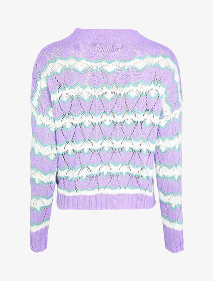 Pull en maille à rayures stylisées et col montant - Lilas - 2