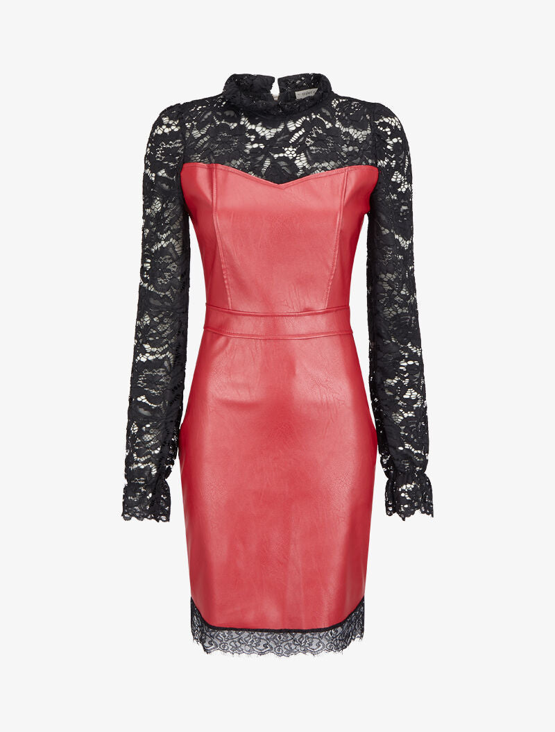 Robe fourreau en simili et dentelle - Rouge - 4