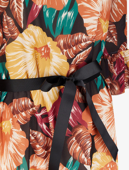 Robe imprimé fleurs tropicales à manches et bords volantés - Noir - 3