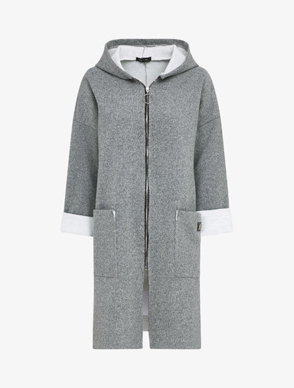 Manteau mi-long à capuche et manches à revers - Gris chiné - 1