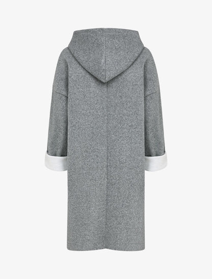 Manteau mi-long à capuche et manches à revers - Gris chiné - 2