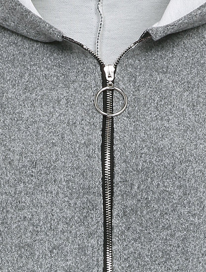 Manteau mi-long à capuche et manches à revers - Gris chiné - 3