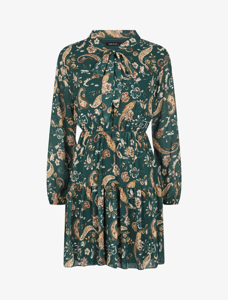 Robe à col lavallière et imprimé cachemire - Vert émeraude - 1