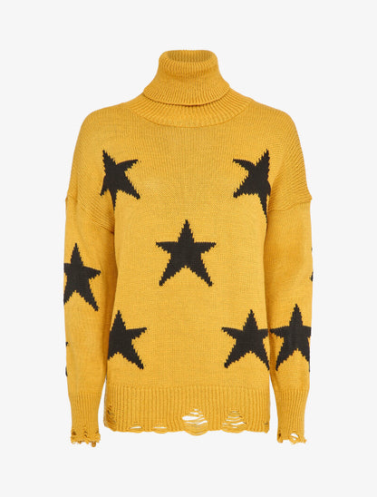 Pull à col roulé à bords effilochés et imprimé étoiles - Moutarde - 1