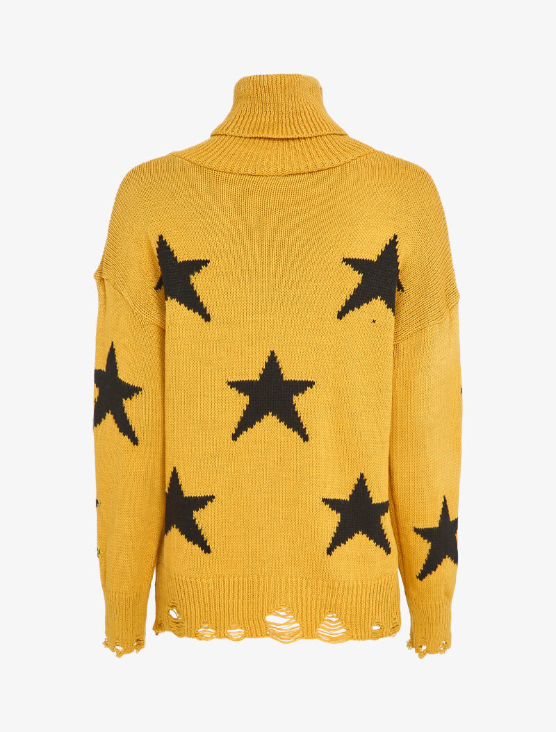 Pull à col roulé à bords effilochés et imprimé étoiles - Moutarde - 2