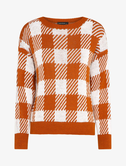 Pull à imprimé damier stylisé - Rouille - 1