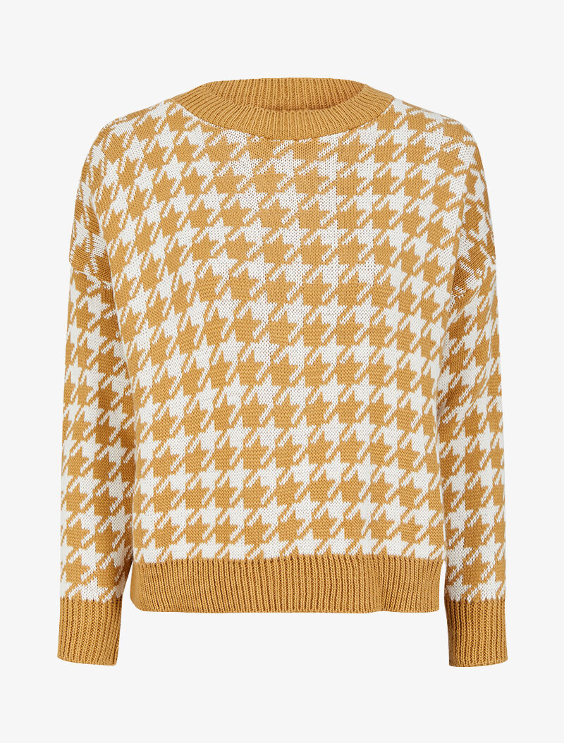 Pull à col rond et imprimé pied de poule - Camel - 1