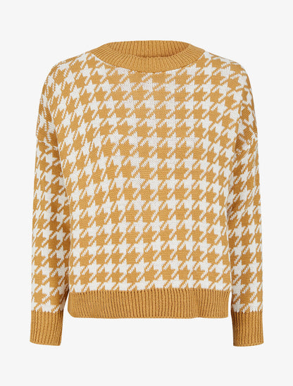 Pull à col rond et imprimé pied de poule - Camel - 1