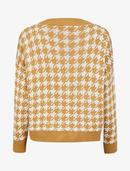 Pull à col rond et imprimé pied de poule - Camel - 2