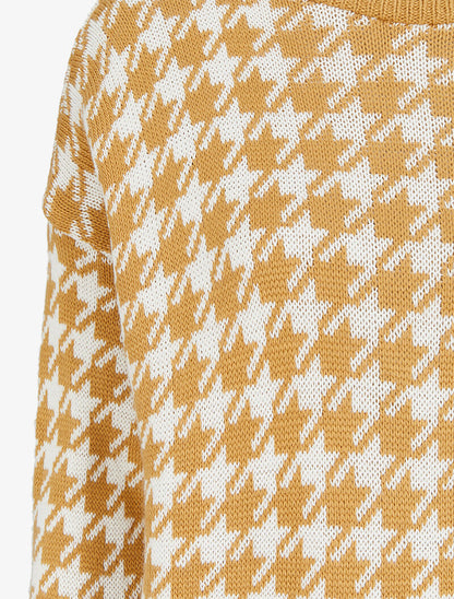 Pull à col rond et imprimé pied de poule - Camel - 3