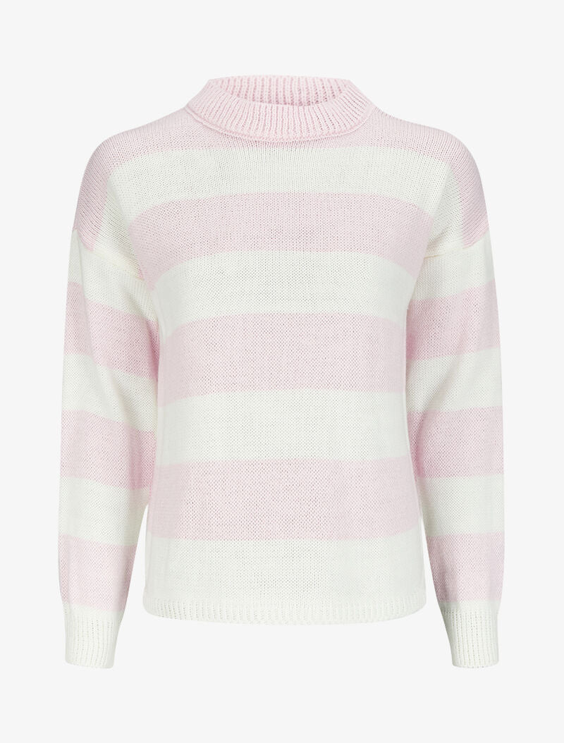 Pull court à rayures et col montant - Rose pâle - 1