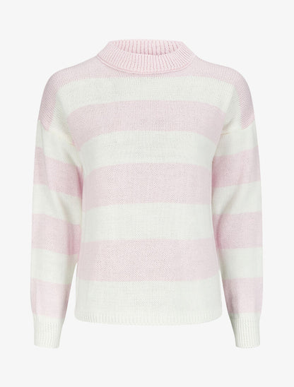 Pull court à rayures et col montant - Rose pâle - 1